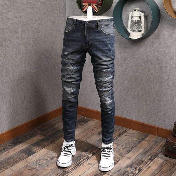 

2021 new newly designer fashion slim fit ripped men denim pencil pants streetwear hip hop jeans homme jc5v, Blue