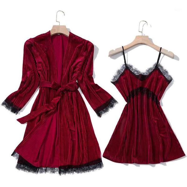 

shetelisi new arrivals women lace velvet robe & nightgown set autumn & winter 1 nightgown and 1 lace bathrobe sp01441, Black;red