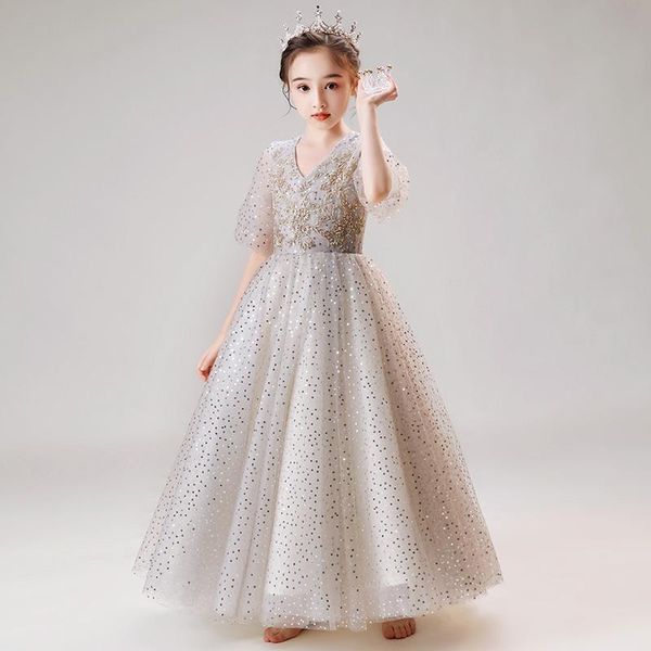 

girl's dresses flower girl ball gown v-neck floor-length half sequined tulle beading regular lace luxury princess kids party dress d170, Red;yellow