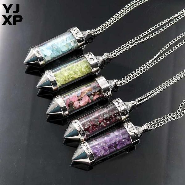 

yjxp 1 pcs reiki crushed stones wishing bottle pendant link chain necklace chakra gravel pyramid point balancing amulet jewelry, Silver