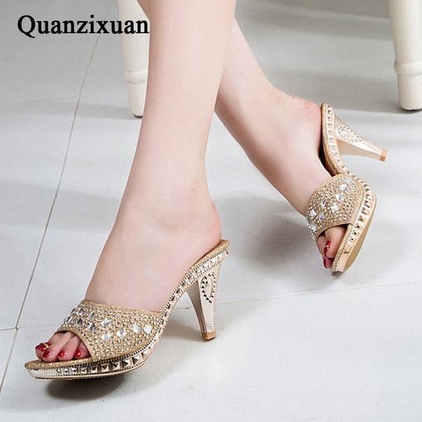 

quanzixuan spike heels women pumps high heels women crystal party women shoes gold open toe ladies shoes y200405, Black