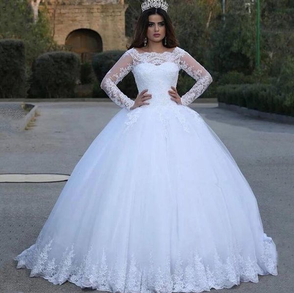 

2021 white vintage lace wedding dresses appliques long sleeves ball gown wedding gowns bridal dress robe de soiree plus size