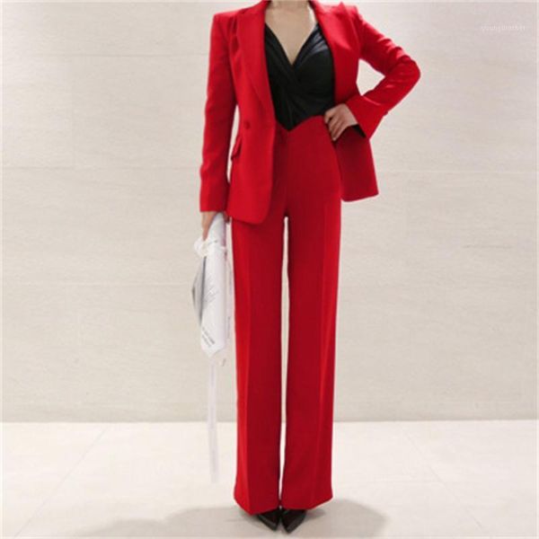 

women's suits & blazers fashion suit female spring korean red double-breasted blazer + high waist casual wide-leg pants two-piece suit1, White;black