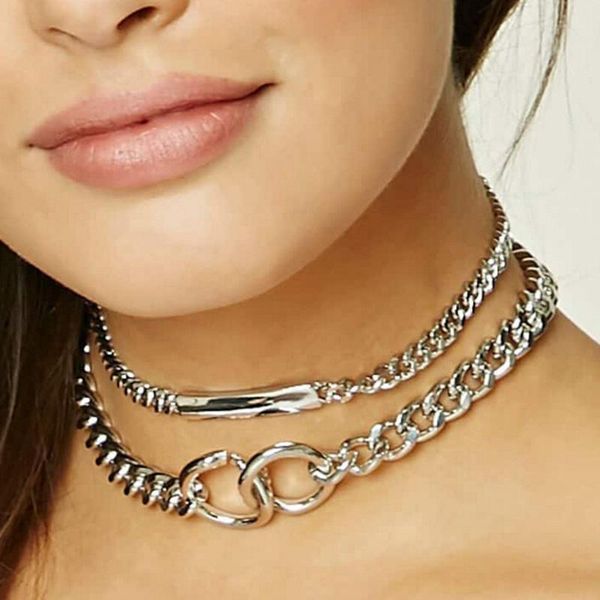 

women punk round circle double layer metal chain chocker fashion night club jewelry female chocker collier, Golden;silver