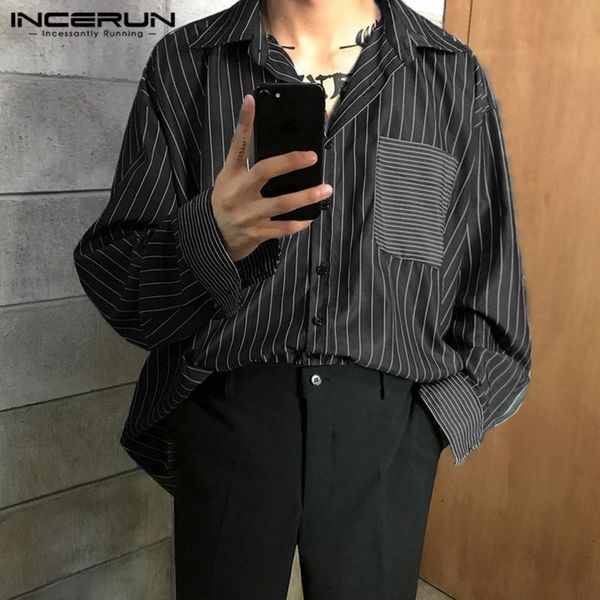 

men's casual shirts incerun 2021 men shirt striped patchwork lapel long sleeve button streetwear chic camisa loose fashion brand s-5xl, White;black
