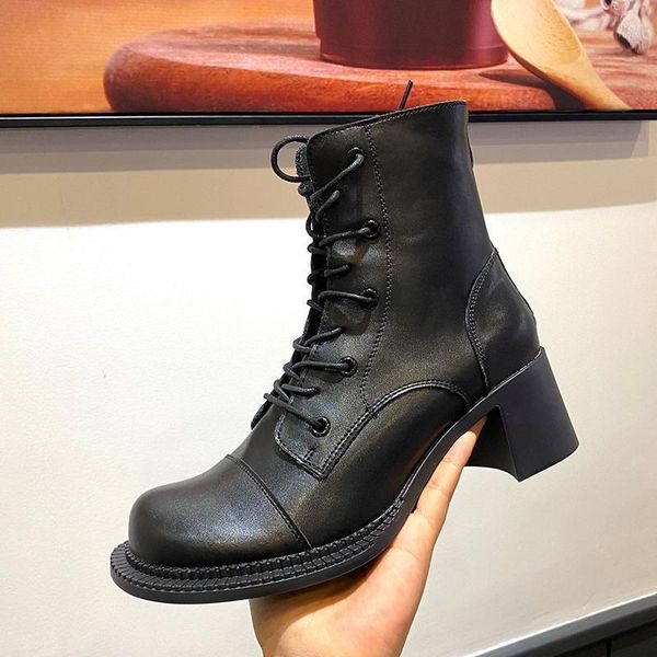 

boots ankle women genuine leather fashion high heels short ladies shoes comfortable round toe autumn1, Black