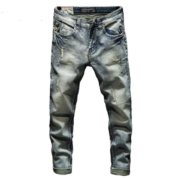 

men's jeans distressed mens slim skinny casual denim pants men light blue fashion stretch ripped biker boys trousers