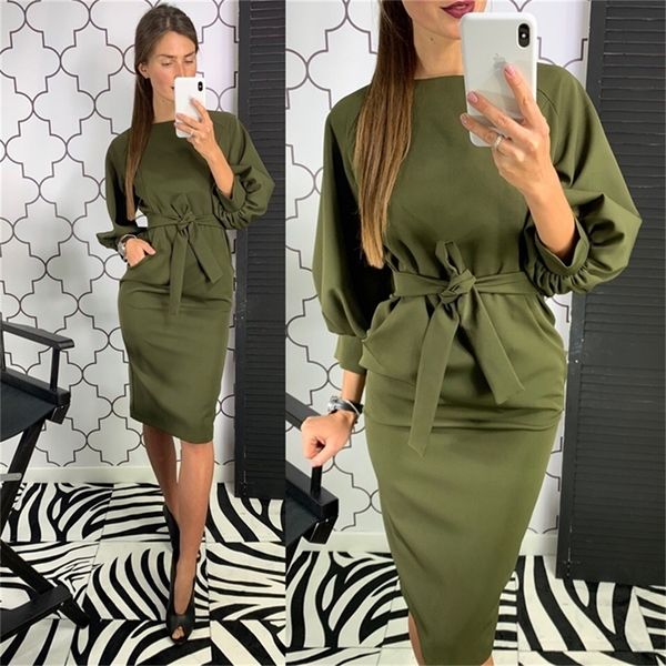

women vintage lantern sleeve sashes party d ress long sleeve o neck solid sheath elegant casual dress autumn fashion dress lj200812, Black;gray