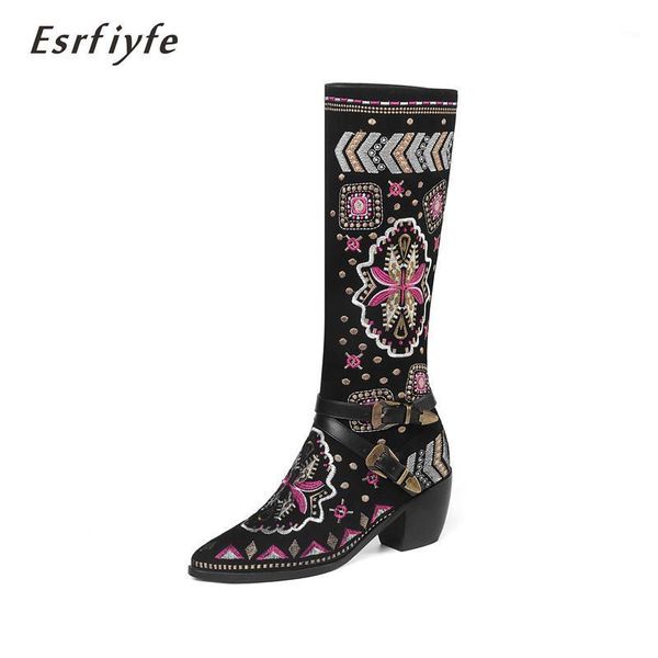 

boots esrfiyfe 2021 print leather winter womens knee high pointed toe block heels long black shoes1