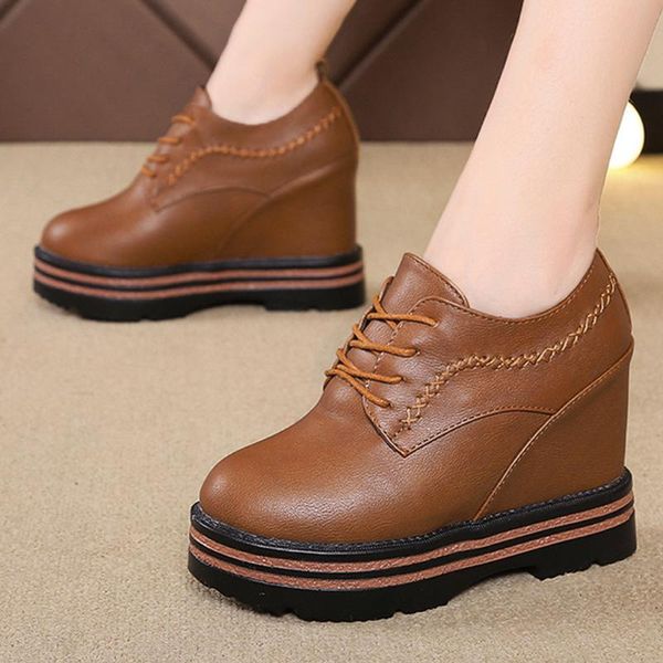 

keep warm booties womens wedges shoes casual ladies leather lace-up increasing booties ladies high-heel thick-soled sport shoes, Black