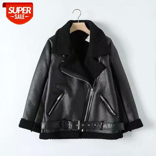 

motorcycle jacket loose belt warm woman's jacket lamb wool coat winter thicken lapel female coat pu leather cooat #yd0l, Black;brown
