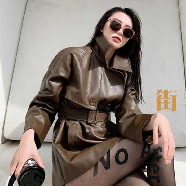 

thick double-breasted mid-length pu leather jacket women autumn loose pu leather jacket n1, Tan;black