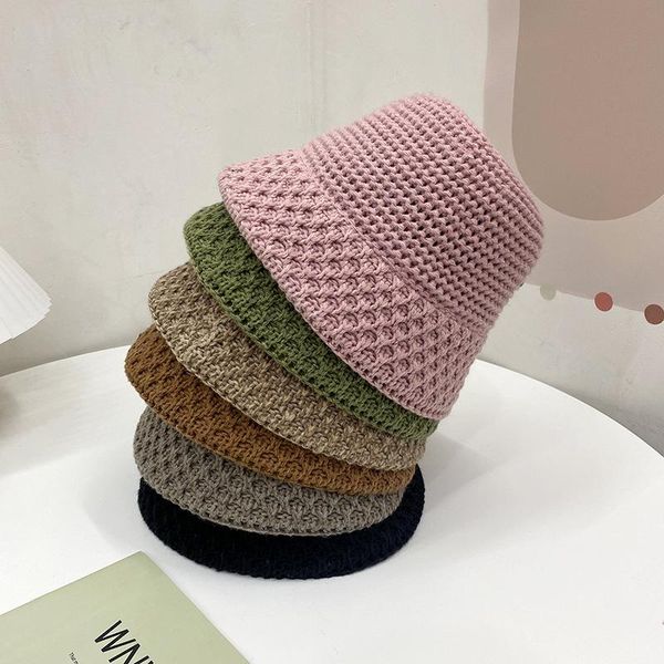 

wide brim hats women warm knit bucket hat fishing hand-woven hollow female autumn winter korean wool lady girls fisherman, Blue;gray
