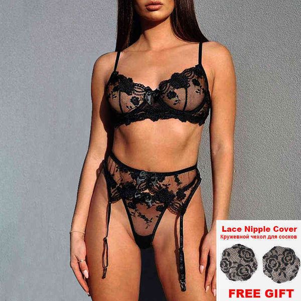 

nxy set embroidery lingerie black women thin transparent lace push up bra bra+garters+thong 3 piece see through underwear 1222, Red;black