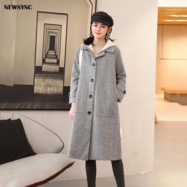 

women's wool & blends sync woolen overcoat women 2021 spring winter trench coats patchwork hood plus size ladies outerwear female windb, Black