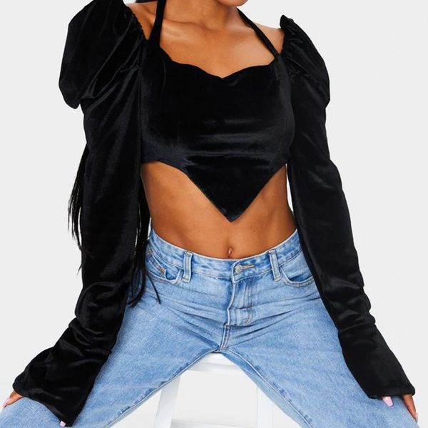 

fashion velvet puff sleeve halter crop square collar long sleeve backless lace up short irregular personalized t-shirt1, White