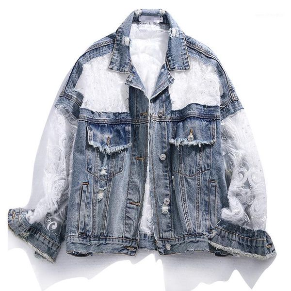 

women's jackets lace splice denim jacket women korean student frayed jeans female spring loose washed blue outerwear chaqueta mujer1, Black;brown