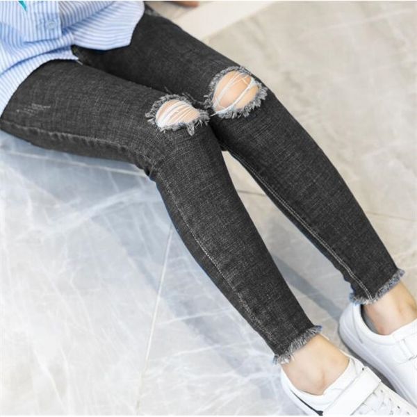 Ragazze Strappato Foro Jeans Casual Primavera Bambini Pantaloni di Jeans Larghi Ragazza Adolescente Pantaloni A Matita Vestiti Dei Bambini 4 6 8 10 12 14 Anno C1123