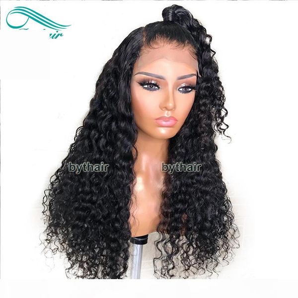 

brazilian full lace human hair wigs with baby hairs pre plucked natural hairline deep curly lace front wig for black women bythair, Black;brown