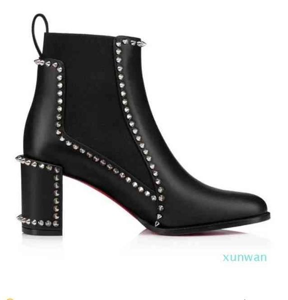 

designer women luxury red bottom boots leather out line spike bottes heel chunky heels studs lug sole ankle boot red-sole booties party, Black