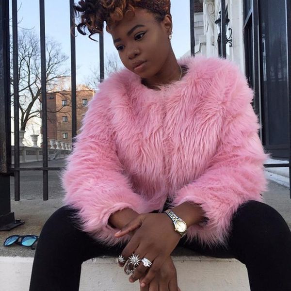 

faux fur coat women hairy collarless overcoat white pink chic long sleeve female outerwear autumn winter coat jacket, Black