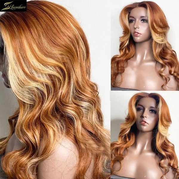 

highlight 613 honey blonde color remy body wave hd transparent human hair wigs ombre wavy wigs for black women 250 density full, Black;brown
