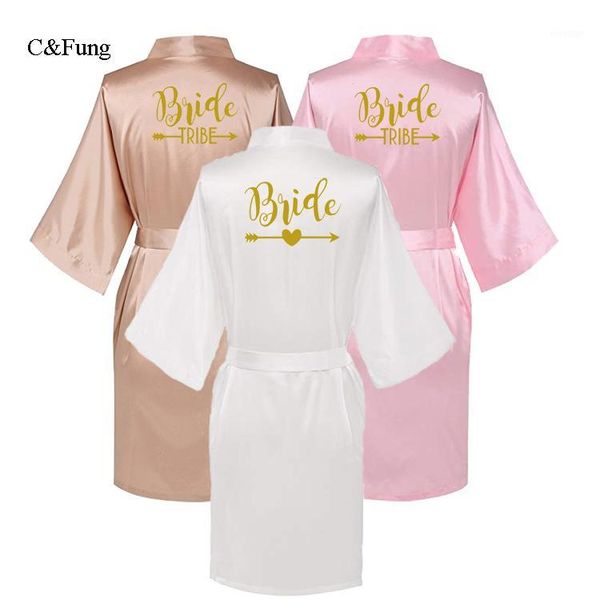

c&fung design bridal wedding robes bride to be bride tribe with gold arrow satin short kimono bridesmaids lingerie robes1, Black;red