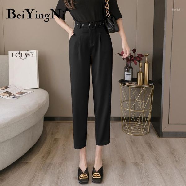 

beiyingni black suit pants woman high waist pants belt casual vintage fashion office ladies elegant streetwear trousers1, Black;white