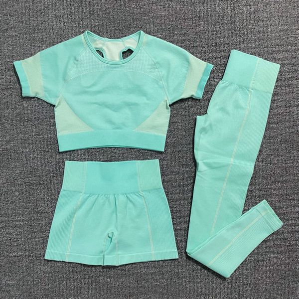 

3pcs seamless yoga set women short sleeve crop fitness shorts sports wear gym leggings workout clothing athletic sport set c0122, Gray