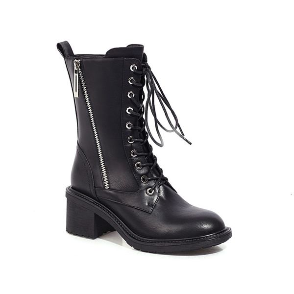 

new 2021 women's toe heels lace up ladies winter shoes solid grey boots 9f86, Black