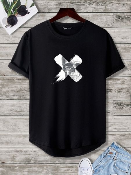 

men skeleton print high low hem tee t2im#, White;black