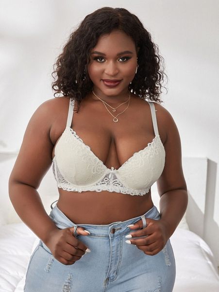 

plus floral lace underwire bra m3yr#, Black;white