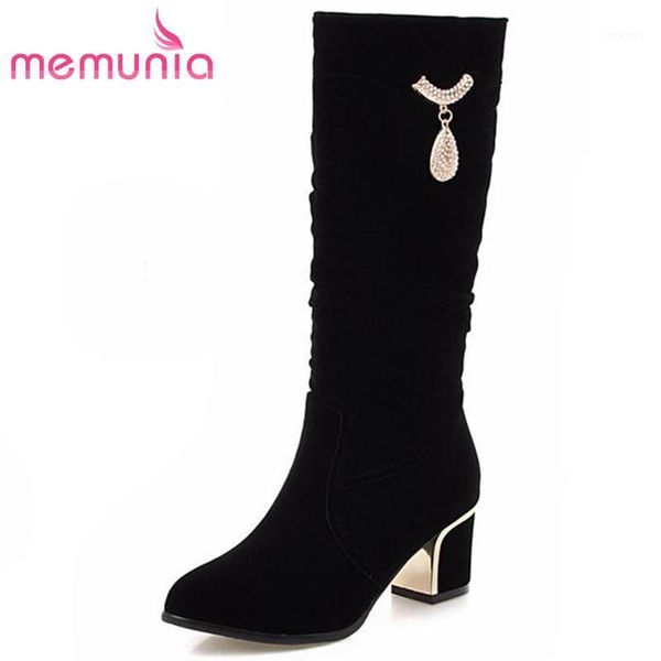 

memunia plus size 34-43 nubuck leather women winter boots pu round toe square med heel fashion charm slip on mid calf boots1, Black