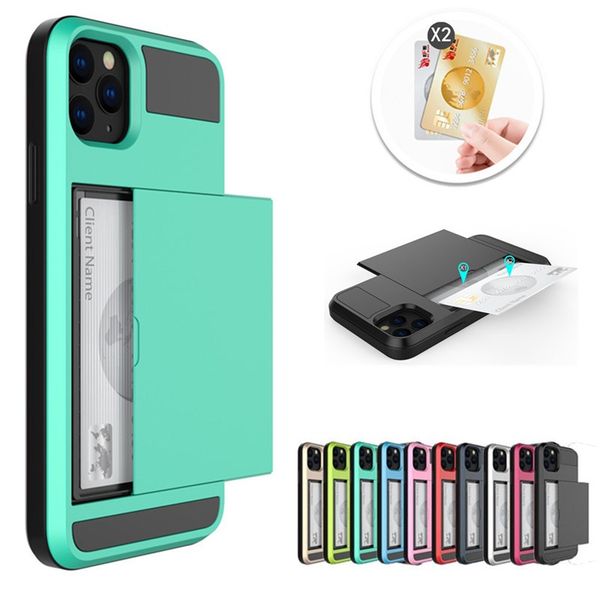 

dual layer armor phone cases with slide card cases for iphone 12 11 pro xs xr pro max 7 8 plus tpu+pc pocket phone case for samsung