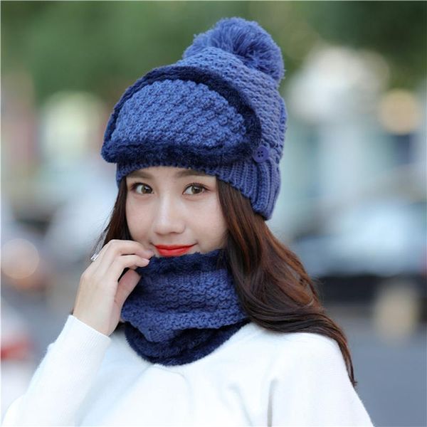 

beanie/skull caps 3pcs women warm set knitted beanies hat neck scarf face mask button solid color pompom skullies outdoor windpoof suit, Blue;gray