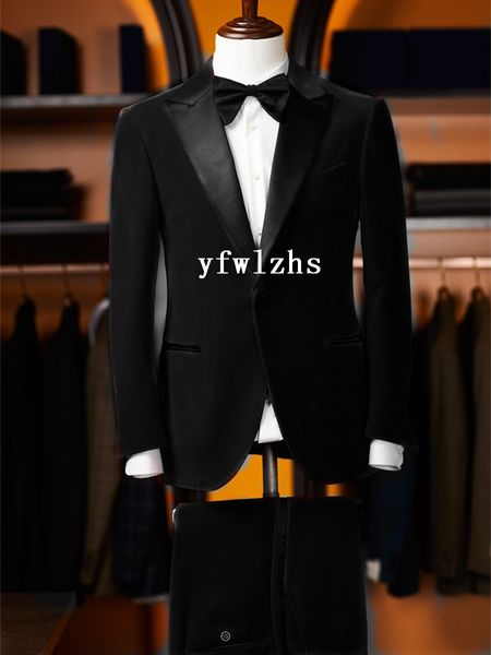 

custom-made velveteen groomsmen peak lapel groom tuxedos men suits wedding/prom/dinner man blazer(jacket+pants+tie) t248, Black;gray