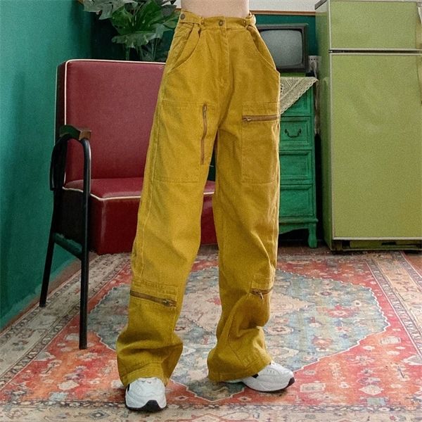 

retro loose street hip hop handsome big pocket bf wide leg straight tube jeans woman y1214, Blue