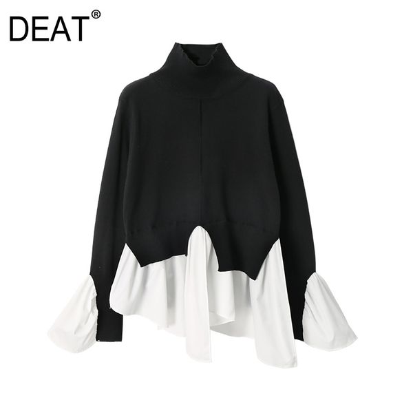 

[deat] spliced hit color knitted pullovers sweater loose fit turtleneck long sleeve women new fashion spring autumn 2020 lj201112, White;black