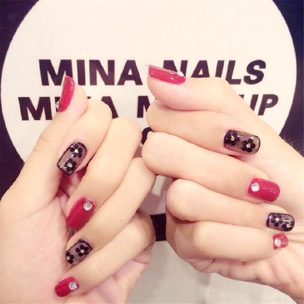 

false nails 24pcs fashion bride small flower rhinestones dotted fake 3d charm diy jewelry decorative nail tools, Red;gold