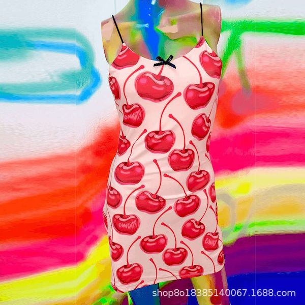 

l1021 summer season new cherry print simple suspender bra dress for women, Black;gray