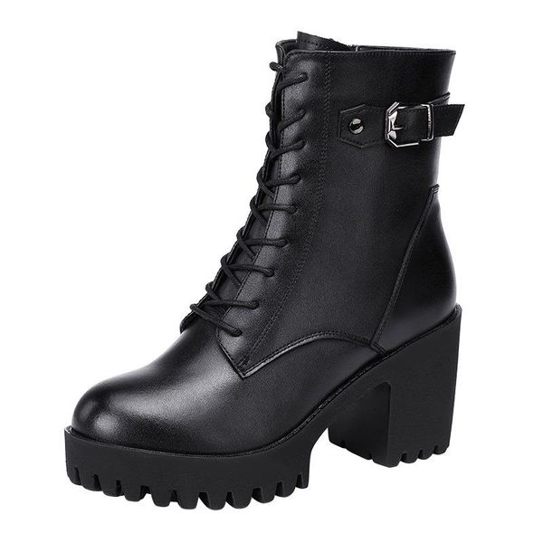 

boots size (32-43) fashion buckle black genuine leather shoes 2021 women high heels mid-calf ladies motorcycle work