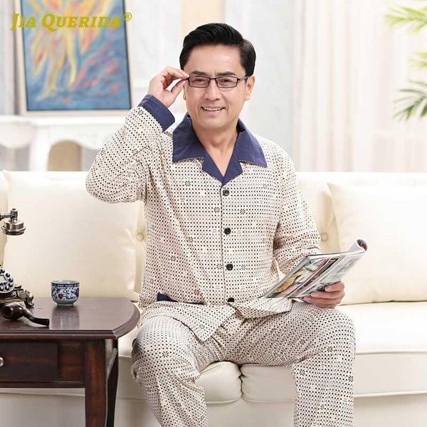 

new mens pajama set 100% cotton plus size big set long sleeved cardigan collar sleeping suits father's pajamas cotton home suits1, Black;brown