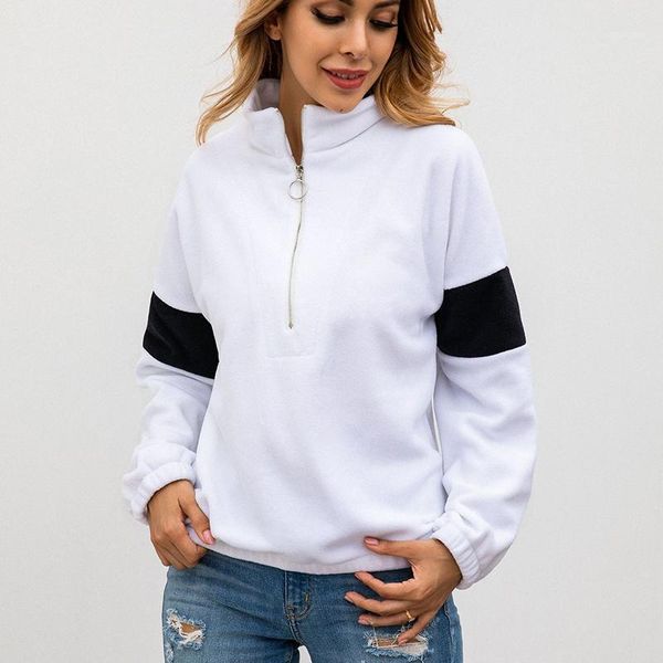 

women sweatshirt long-sleeved warm zipper hoodie jacket hood autumn and winter casual loose contrast soft fleece coat1, Black
