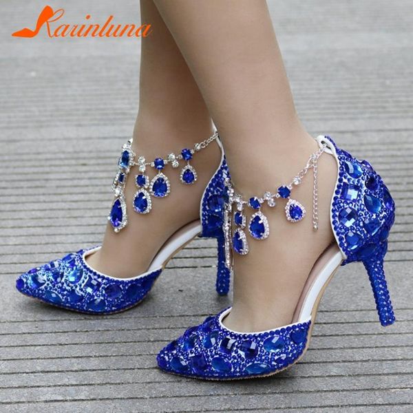 

karinkuna plus size 34-42 women shoes new trendy thin heels crystal ankle straps pointed toe women pumps female shoes, Black