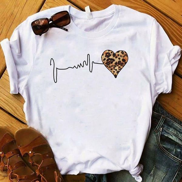

women t shirts love heart leopard printed trend style o-neck t-shirt summer short sleeve casual female t-shirt, White