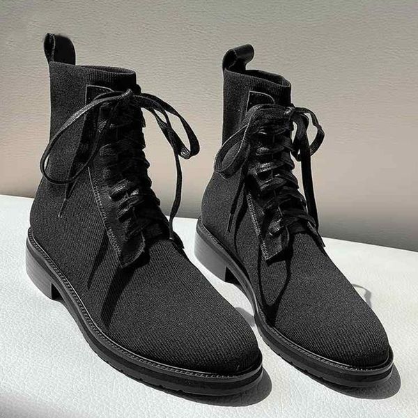 

boots 2021 ankle women's winter shoes genuine leather knitting round toe cross-tied lace-up vintage zapatos mujer, Black