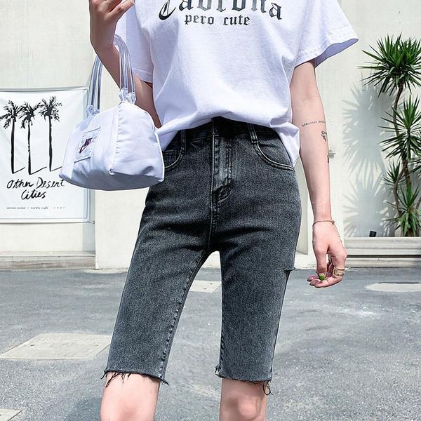 

pencil jeans woman high waisted jeans skinny hold casual style ripped biker cycling black rock knee length1, Blue