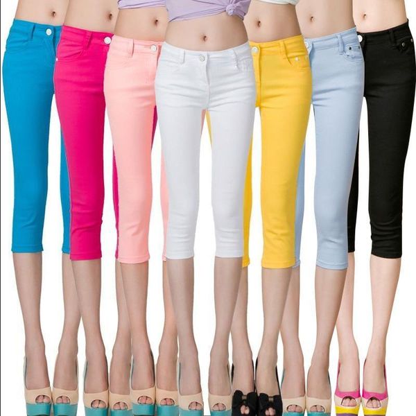 

fsdkfaa women summer plus size casual pants slim candy color stretch leggings capris pencil pants cropped trouser for female, Black;white