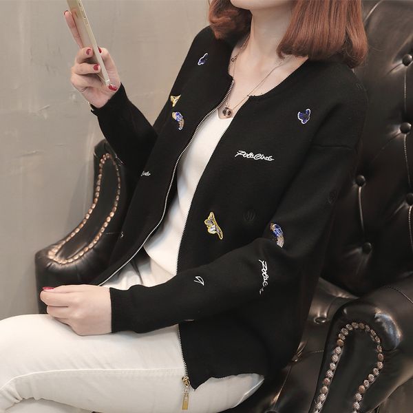 

flood combine autumn new embroidery pattern knitting cardigan round lazer neck easy time women loose shirt tide coat, White;black