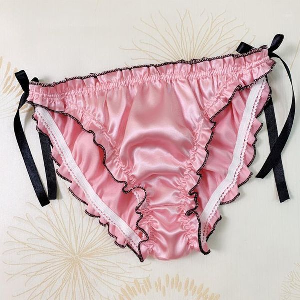 

silk satin ruffle panties lace-up underwear briefs solid color low rise breathable underpants female lingerie1, Black;pink
